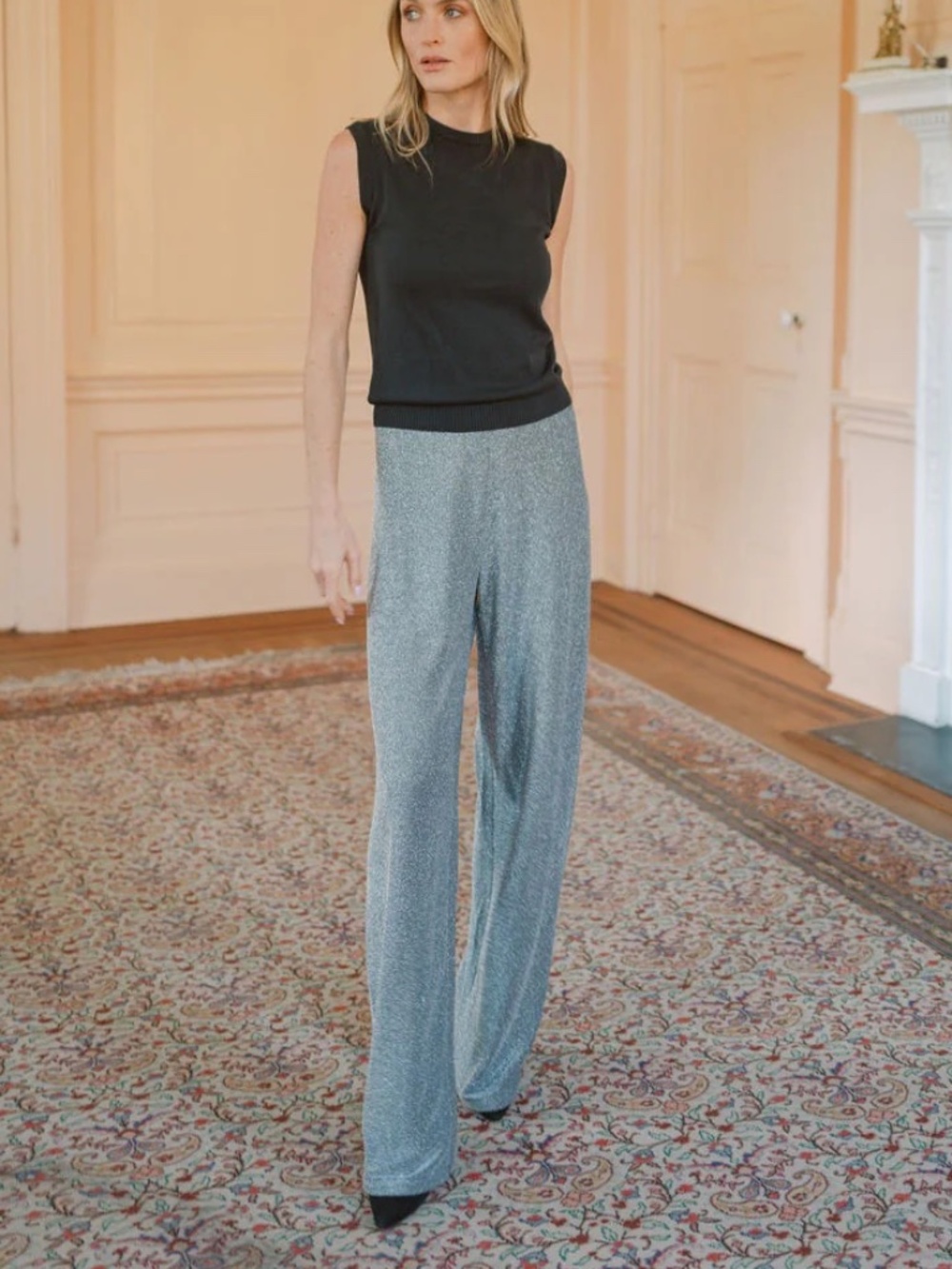 NWT Julia Amory Silver Metallic Straight Leg Pants Size M Shimmer Pull-On Pants